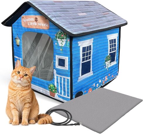 بيت قطة مدفأ للخارج، بيت قطة خارجي مرتفع معزول مقاوم للماء مع سخان لفصل الشتاء، باب هروب من سرير القطط الناعم، آمن للقطط الوحشية في الهواء الطلق، ومأوى للقطط الضالة والحظيرة in Kuwait