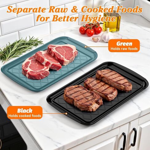 Grilling Prep & Serve Trays for Party- Set of 2, Large Serving Platters for Raw and Cooked Food, Dishwasher Safe, 17"×10.5" Stackable Plastic Party Supplies for Grilling, BBQ, Meal Prep - Green, Black in Saudi Arabia