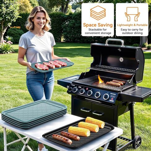 Grilling Prep & Serve Trays for Party- Set of 2, Large Serving Platters for Raw and Cooked Food, Dishwasher Safe, 17"×10.5" Stackable Plastic Party Supplies for Grilling, BBQ, Meal Prep - Green, Black in Saudi Arabia