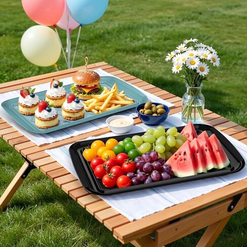Grilling Prep & Serve Trays for Party- Set of 2, Large Serving Platters for Raw and Cooked Food, Dishwasher Safe, 17"×10.5" Stackable Plastic Party Supplies for Grilling, BBQ, Meal Prep - Green, Black in Saudi Arabia