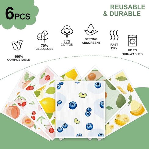 Swedish Dishcloths for Kitchen, 6 Pack, Reusable Paper Towels Washable,Super Absorbent, Fast Dry Cleaning Cloths,Non-Scratch, No Odor, Biodegradable Cleaning Cloths. in Kuwait