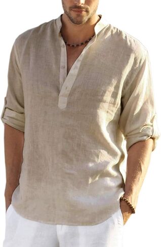 Men's Cotton Linen Henley T-Shirts Long Sleeve Hippie Casual Beach Fashion T-Shirts in Saudi Arabia