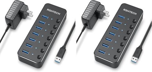 موزع USB 3.0، موزع USB 7 منافذ يعمل بالطاقة RSHTECH، موزع بيانات USB 3.0 من الألومنيوم مع محول تيار متردد عالمي 5 فولت ومفاتيح تشغيل/إيقاف فردية، مقسم USB لأجهزة الكمبيوتر المحمول والكمبيوتر الشخصي (أسود) in Kuwait