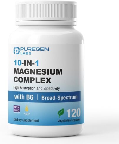 Puregen Labs 10 in 1 Magnesium Complex 500mg with B6-120 Veggie Capsules [High Absorption and Bioactivity] Non-GMO, NO Gluten and Dairy - Made in USA in Saudi Arabia