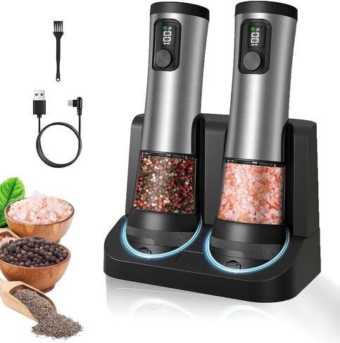 Electric Salt & Pepper Grinder Set – Automatic Battery Operated Shakers, 5-Level Adjustable Coarseness, Dual Speed, USB Rechargeable, Large Capacity, Ideal Housewarming Gift in Kuwait