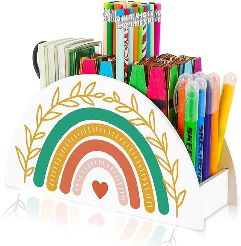 Boho Rainbow Pencil Pen Holder White Pink Wooden Pen Organizer Desktop Pen Container for Makeup Brushes Crayon Office School Student Teacher Gifts Supplies, 9 x 5.1 x 3.2 in in Kuwait