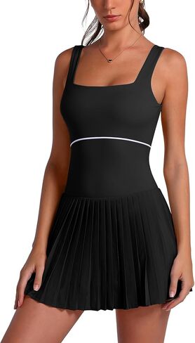 ABOCIW Womens Square Neck Pleated Tennis Dress Built in Bra and Shorts Backless Golf Athletic Dress with Pockets in Saudi Arabia