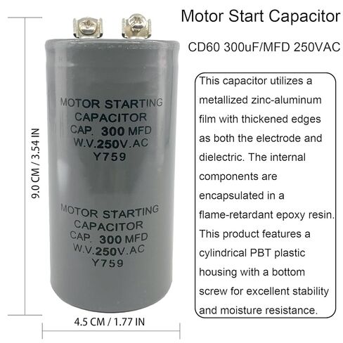 مكثف بدء تشغيل المحرك CD60 300 فائق التوهج/MFD 250VAC (عبوة من قطعتين) لوحدات التيار المتردد والضواغط والمضخات وأنظمة التدفئة والتهوية وتكييف الهواء والمحركات الكهربائية in Kuwait
