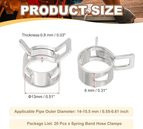 مشابك خرطوم شريط زنبركي من باتيكل، 20 قطعة لـ 10.8-11.9 مم OD 0.4 بوصة (10 مم) أنبوب مشبك زنبركي من الصلب المنغنيز لخط الوقود من السيليكون خرطوم هواء فراغ أنبوب مياه، فضي in Kuwait