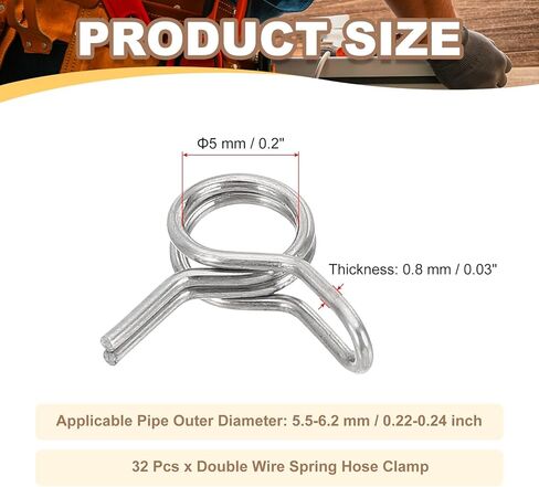 PATIKIL مشابك خرطوم زنبركية مزدوجة السلك، 32 قطعة لـ 5.5-6.2 مم OD 0.2 بوصة (5 مم) ID 304 أنبوب مشبك زنبركي من الفولاذ المقاوم للصدأ لخط الوقود سيليكون خرطوم هواء فراغ أنبوب مياه، فضي in Kuwait