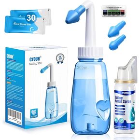 Neti Pot Sinus Rinse Bottle 300 ML with 60ml Nasal Spray and 30 Nasal Wash Salt Packets and Sticker Thermometer Nose Wash Cleaner Pressure Rinse Nasal Irrigation for Adult & Kid BPA Free in Kuwait