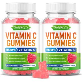 MEENCCD 2 Pack Vitamin C Gummies for Adults, Chewable Vitamin C Gummies with Zinc for Antioxidant Support, Vegan, Non-GMO, Sugar-Free, Raspberry Flavor, 120 Count in Kuwait
