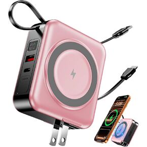 for Magsafe Portable Charger with AC Wall Plug, 6-in-1 Magnetic Wireless Power Bank 10000mAh Built-in Cables, 22.5W Type-C in&Out Fast Charging Battery Pack for iPhone 17/16/15/14/13/12 Series, Gray in Kuwait