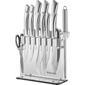 Knife Set, 14 PCS High Carbon Stainless Steel Super Sharp Kitchen Knife Set for Chef with Acrylic Stand, include Steak Knives, Sharpener and Scissors, Ergonomical Design by kincano in Saudi Arabia