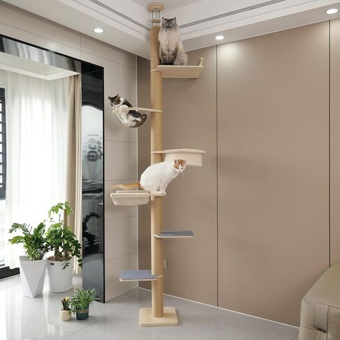 Tall Floor-to-Ceiling Cat Tower, Adjustable Height (60-122 in), 5-Tier Cat Tree with Accessories, Cat Activity Center with Transparent Pod, Plush Perches & Extra-Large Cat Basket in Kuwait