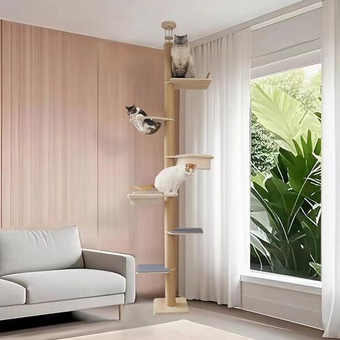 Tall Floor-to-Ceiling Cat Tower, Adjustable Height (60-122 in), 5-Tier Cat Tree with Accessories, Cat Activity Center with Transparent Pod, Plush Perches & Extra-Large Cat Basket in Kuwait