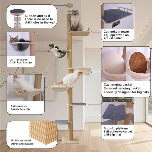 Tall Floor-to-Ceiling Cat Tower, Adjustable Height (60-122 in), 5-Tier Cat Tree with Accessories, Cat Activity Center with Transparent Pod, Plush Perches & Extra-Large Cat Basket in Kuwait