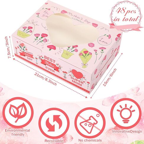 Nezyo 48 Pack Mother's Day Cookie Boxes with Window 8.3 x 6 x 3 Inch Best Mother Ever Bakery Box for Cupcakes, Candy, Muffins, Donuts in Saudi Arabia