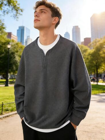 رجل عادية الهراء متماسكة Crewneck البلوز محكم كم طويل البلوز كتلة اللون وهمية قطعتين نمط هينلي البلوزات in Saudi Arabia