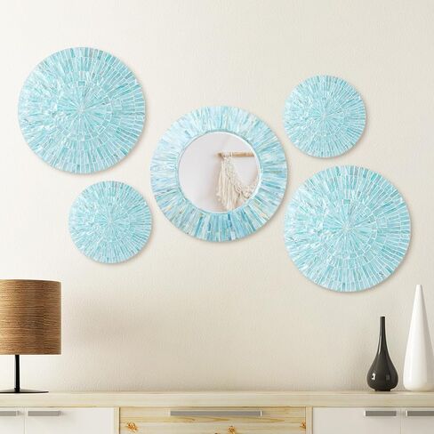 Wesiti 5 Pcs Natural Mother of Pearl Mirror Wall Decor Housewarming Gift Handmade Coastal Wall Plates Art Hanging Art for Bedroom Bathroom Decoration in Saudi Arabia