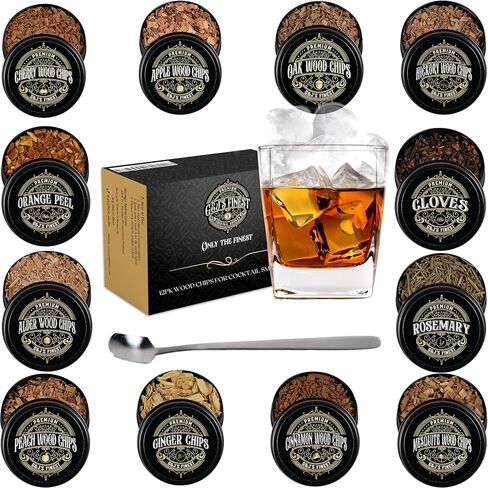 12 Wood chips for Cocktail Smoker/Smoke Gun| Woodchips for Smoking Whiskey/Bourbon/Old Fashioned| Cherry, Apple, Oak, Hickory, Cinnamon, Ginger, Orange Peel, Cloves, Alder, Peach, Rosemary, Mesquite in Saudi Arabia