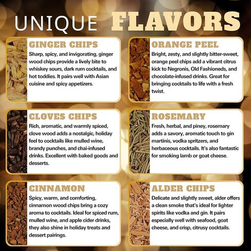 12 Wood chips for Cocktail Smoker/Smoke Gun| Woodchips for Smoking Whiskey/Bourbon/Old Fashioned| Cherry, Apple, Oak, Hickory, Cinnamon, Ginger, Orange Peel, Cloves, Alder, Peach, Rosemary, Mesquite in Saudi Arabia