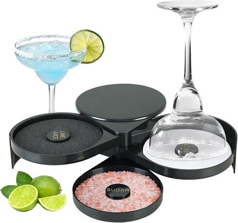 3-Tier Bar Glass Rimmer Bartender Tool with Sponge | Margarita Salt Rimmer Set with 3-Tray, Black Plastic Salt Sugar Lime Juice Rimmer Box for Cocktails Margaritas in Saudi Arabia