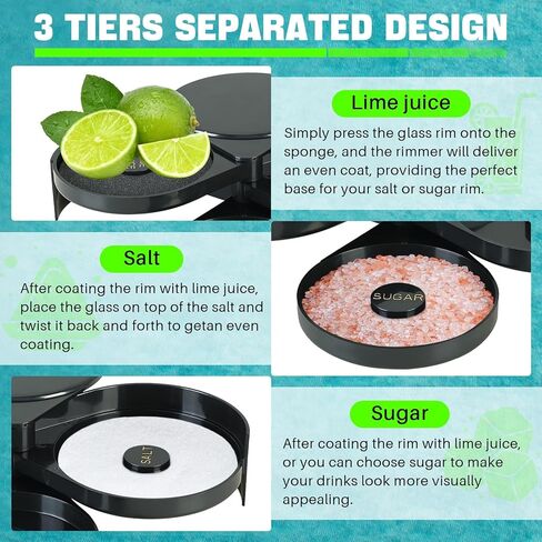 3-Tier Bar Glass Rimmer Bartender Tool with Sponge | Margarita Salt Rimmer Set with 3-Tray, Black Plastic Salt Sugar Lime Juice Rimmer Box for Cocktails Margaritas in Saudi Arabia