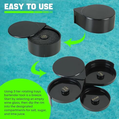 3-Tier Bar Glass Rimmer Bartender Tool with Sponge | Margarita Salt Rimmer Set with 3-Tray, Black Plastic Salt Sugar Lime Juice Rimmer Box for Cocktails Margaritas in Saudi Arabia
