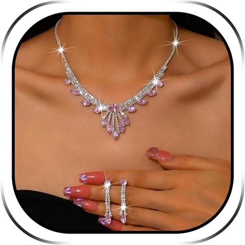 Frodete Crystal Rhinestone Bridal Wedding Prom Jewelry Set for Women Sparkling Silver Tone Necklace Dangle Earrings for Special Occasion Party Dress Accessories in Saudi Arabia