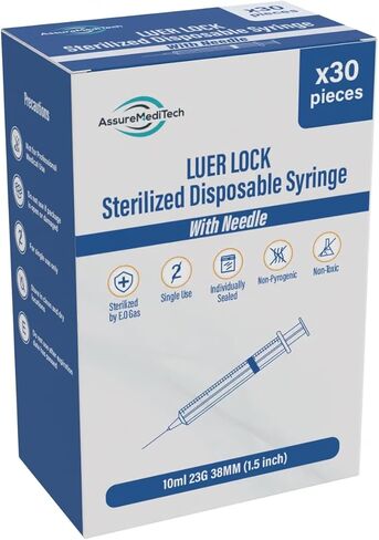 حقنة للاستعمال مرة واحدة بطرف قفل Luer 10 مل مع إبرة جميع أحجام المقاييس 23 جم 25 مم (1 بوصة)، مختومة بشكل فردي، صحية ومغلفة بالبثور - (عبوة من 30 قطعة) in Kuwait