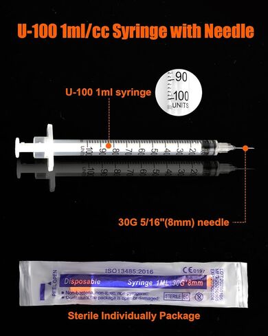 حقنة 1 مل 30 جرام 5/16 بوصة 8 مم، مستلزمات مختبر U-100، مغلفة بشكل فردي 20 عبوة in Kuwait