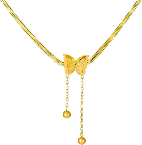 Non Tarnish Gold Herringbone Necklace for Women Stackable Tassels Butterfly Choker Necklace Jewelry Gifts for Women Snake Chain Necklace in Kuwait