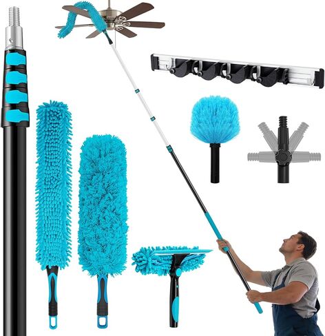 36 High Reach Duster Kit with Extension Pole, High Ceiling Fan Cleaner Duster Tool for Fan Blades, Window Squeegee, Washable Dust Brush for Roof and Glass Surfaces(Peacock Blue,7-36 ft) in Saudi Arabia