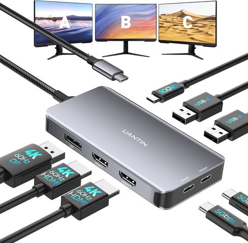 محطة إرساء USB C محول شاشة مزدوجة، محطة إرساء كمبيوتر محمول 3 شاشة عرض ثلاثية 4K60 هرتز مع 2 HDMI، منفذ عرض 4K120 هرتز، بيانات USB-A وUSBC، 100 وات PD، قاعدة USB C لأجهزة Dell وHP وLenovo in Saudi Arabia