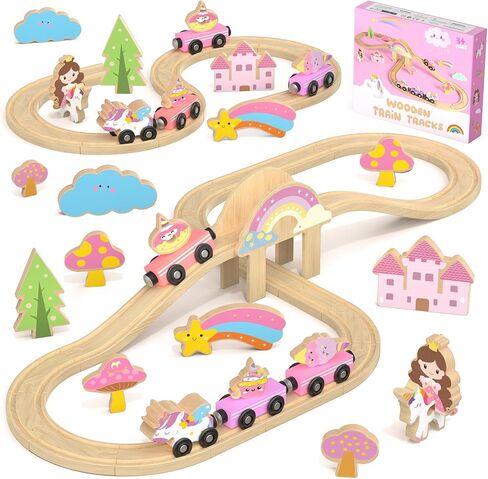 Unicorn Wooden Train Set for Toddler Girls Ages 2-4 Magical Fairy 38 Pcs Toddler Girl Toys with Railway Track Fantasy Toys for Girls 3-5 Year Old Kids in Kuwait