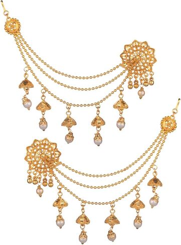 Efulgenz Indian Jhumka Earrings with Ear Chain - Wedding Bridal Bollywood Jewelry - Crystal Multilayer Tassels Faux Pearl Drop - Bahubali Style in Kuwait