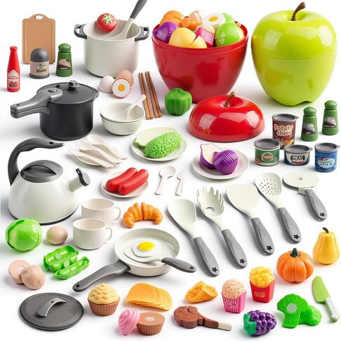 130Pcs Kitchen Playset, Toddler Pretend Cooking Play Pots, Pans, Utensils Cookware, Daily Food Fruit Veges, Shopping Storage Basket, Dessert, Prop Money, Learning Gift for Child (Blue) in Saudi Arabia