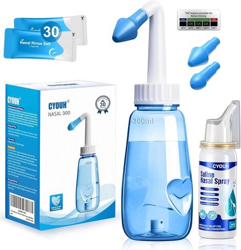 Neti Pot Sinus Rinse Bottle 300 ML with 60ml Nasal Spray and 30 Nasal Wash Salt Packets and Sticker Thermometer Nose Wash Cleaner Pressure Rinse Nasal Irrigation for Adult & Kid BPA Free in Kuwait