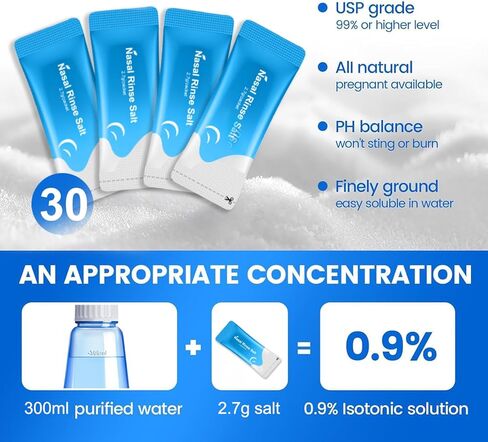 Neti Pot Sinus Rinse Bottle 300 ML with 60ml Nasal Spray and 30 Nasal Wash Salt Packets and Sticker Thermometer Nose Wash Cleaner Pressure Rinse Nasal Irrigation for Adult & Kid BPA Free in Kuwait