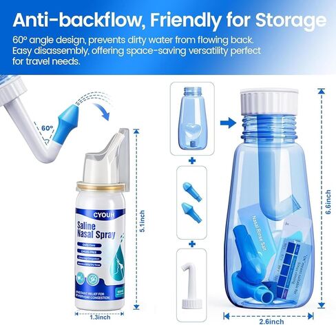 Neti Pot Sinus Rinse Bottle 300 ML with 60ml Nasal Spray and 30 Nasal Wash Salt Packets and Sticker Thermometer Nose Wash Cleaner Pressure Rinse Nasal Irrigation for Adult & Kid BPA Free in Kuwait