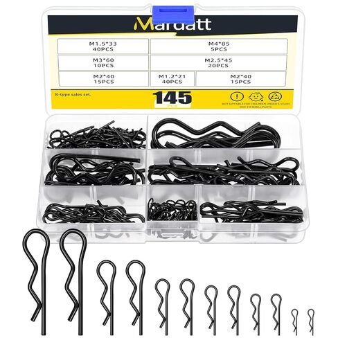 145Pcs 6 Sizes Hitch Pin R Clip Assortment Kit, Carbon Steel R Pins Cotter Pins R Clips Hitch Pins Spring Retaining Pins for Trailer Tractor Mower Carts, M1.2 M1.5 M2 M2.5 M3 M4 in Saudi Arabia