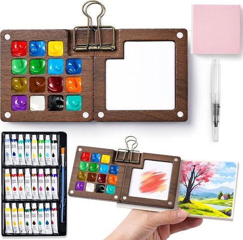 Mini Watercolor Paint Set, 12 Colors Portable Pocket Watercolour Travel Kit with 8 Grid Wood Paint Palette, Sketchbook, Metal Clip, Water Brush for Painters Artists Students in Saudi Arabia
