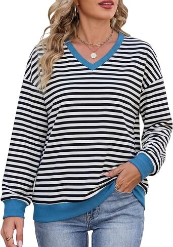 Women Striped Sweatshirt Oversized V-neck Pullover Long Sleeve Loose Fit Y2K Outfits Fashion Clothes in Saudi Arabia