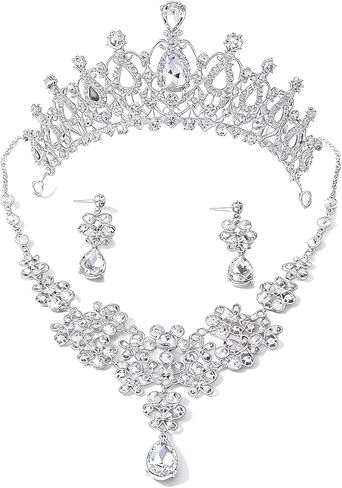 Elegant Rhinestone Tiaras Crown for Women, Queen Crown Jewelry Set Necklace Earring Princess Quinceanera Wedding Birthday Prom Pageant Party Ceremony Photo Props (Silver-2) in Saudi Arabia