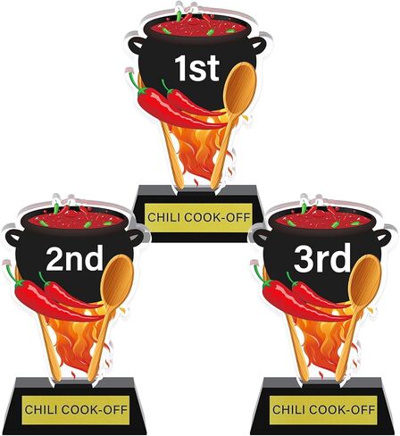 DoubleFill 3 Pcs Chili Cook Off Trophies 1st 2nd 3rd Place Medals 5 Inch Acrylic Chili Cook Off Prizes with Base Medal Decoration for Table Pepper Decor in Saudi Arabia