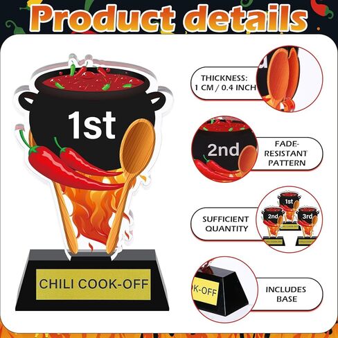 DoubleFill 3 Pcs Chili Cook Off Trophies 1st 2nd 3rd Place Medals 5 Inch Acrylic Chili Cook Off Prizes with Base Medal Decoration for Table Pepper Decor in Saudi Arabia