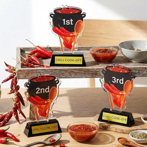 DoubleFill 3 Pcs Chili Cook Off Trophies 1st 2nd 3rd Place Medals 5 Inch Acrylic Chili Cook Off Prizes with Base Medal Decoration for Table Pepper Decor in Saudi Arabia