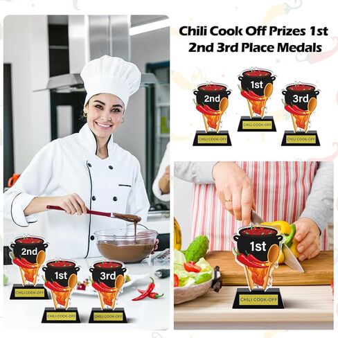 DoubleFill 3 Pcs Chili Cook Off Trophies 1st 2nd 3rd Place Medals 5 Inch Acrylic Chili Cook Off Prizes with Base Medal Decoration for Table Pepper Decor in Saudi Arabia
