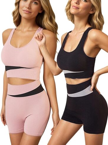 2 Sets Pack Women's Color Block Wireless Sports Bra Set, Breathable Racerback, High Support for Running Workout in Saudi Arabia